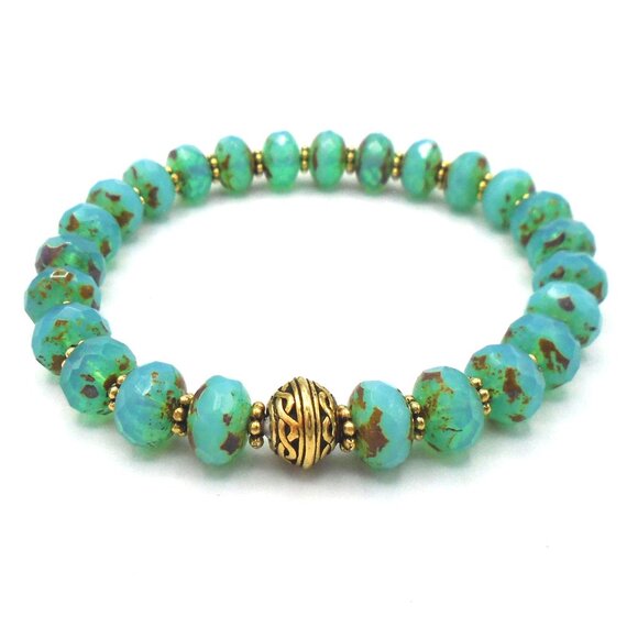 NEW ~ CZECH GLASS Aqua Blue Picasso Stretch Bracelet - Picture 2 of 3